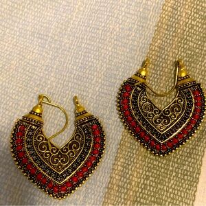 Red and Gold Dangle Earrings with Intricate Design and Heart Shape